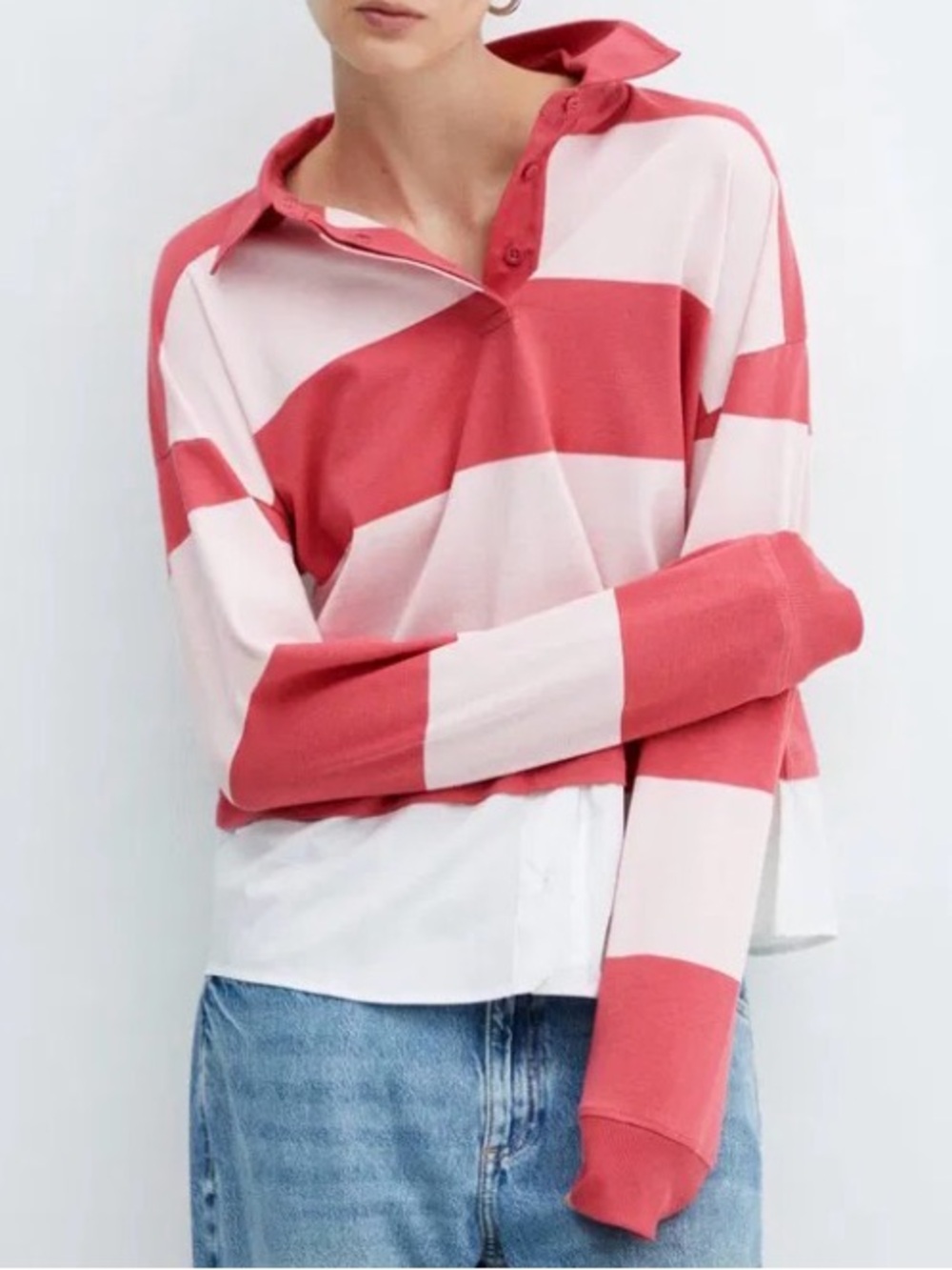 Mng boxy Striped placket Polo Top pink Xl
